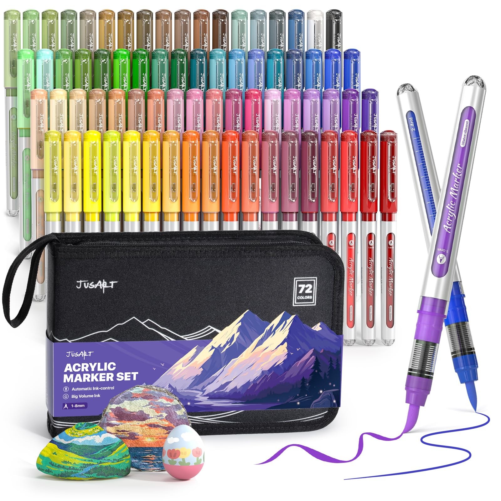 JusArt 72 Colors Acrylic Paint Markers with Canvas Bag, Water-Based No-Bleed …