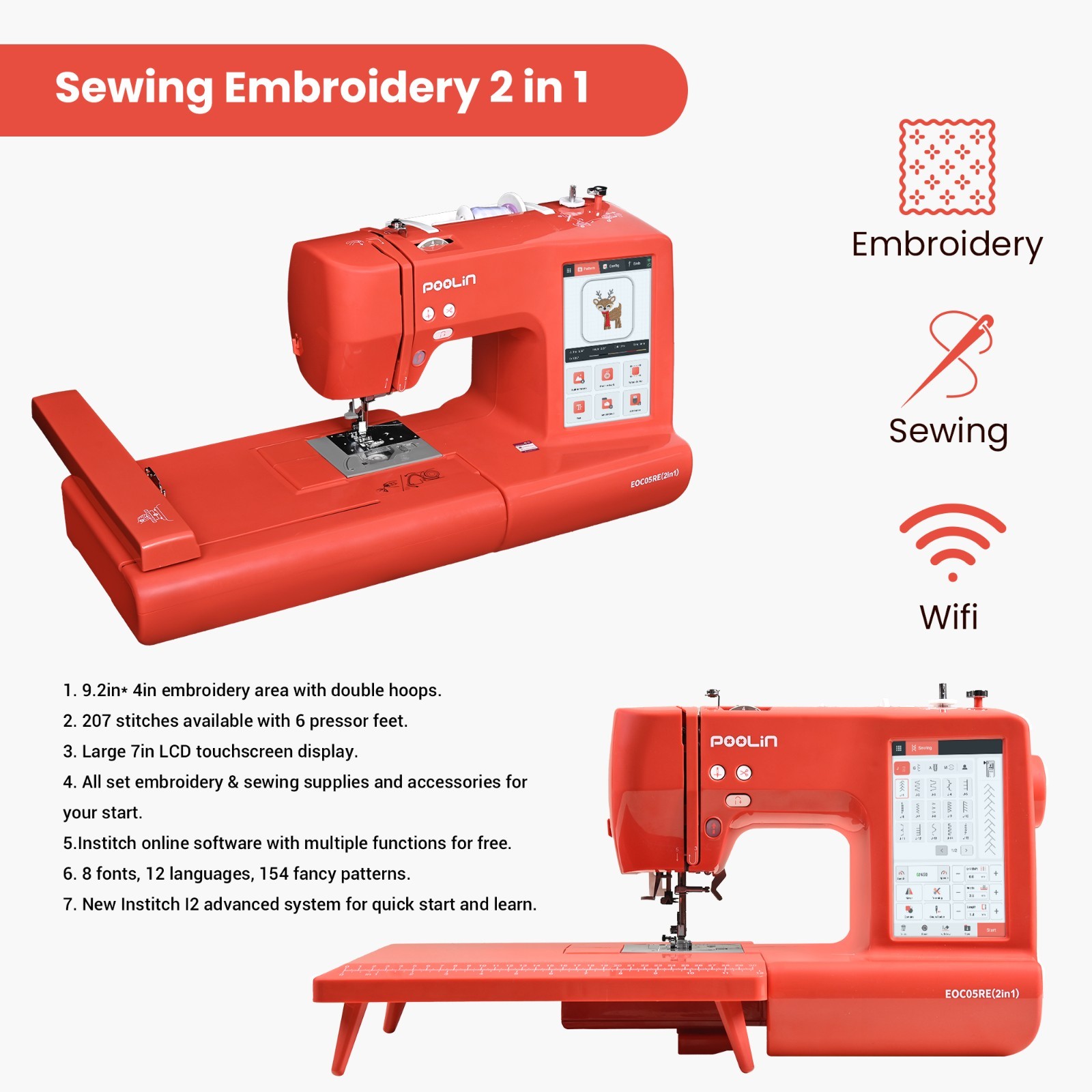 POOLIN EOC05RE(2in1) Sewing and Embroidery Machine Computerized With SOFTWARE.