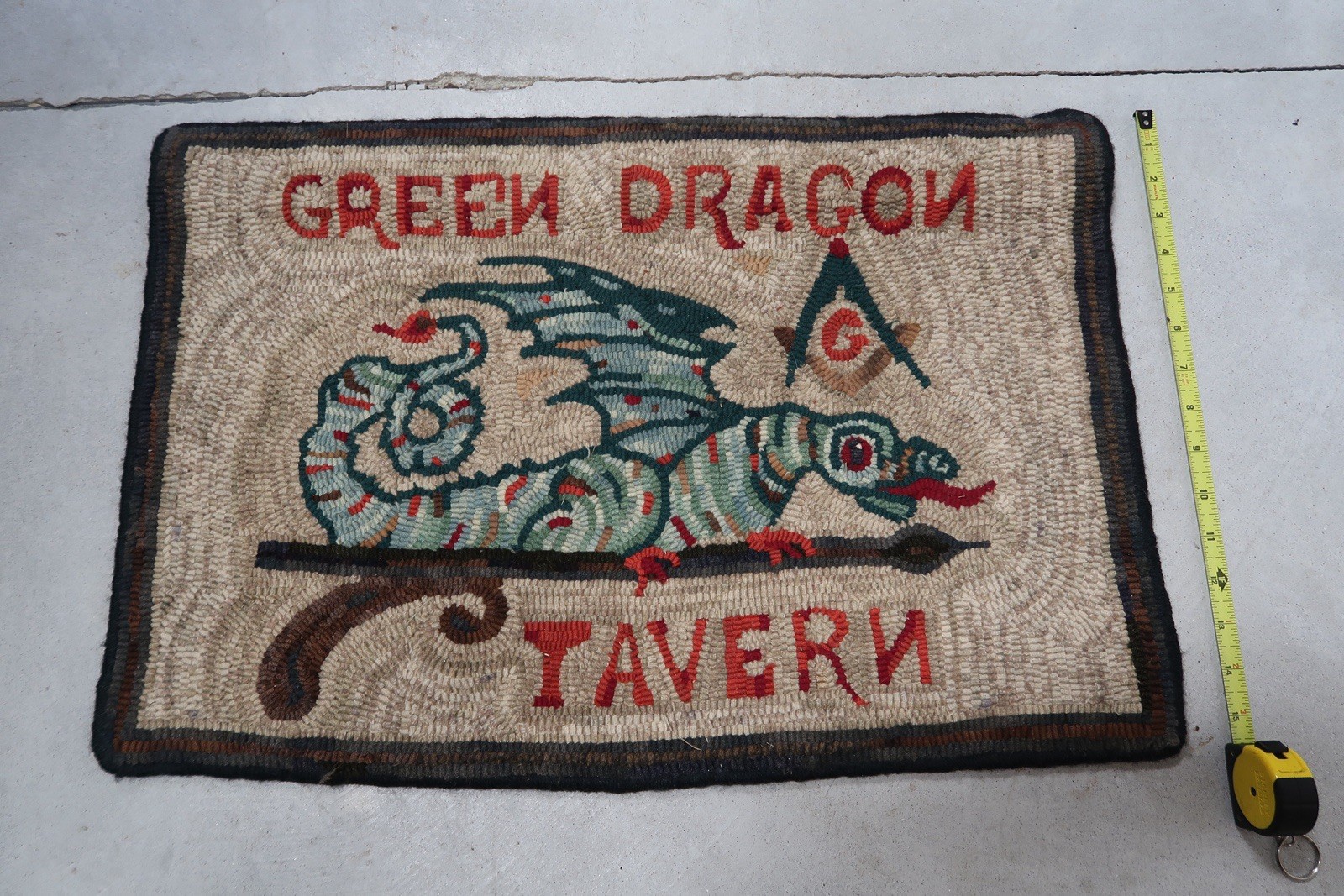 Hand Hooked Wool Rug Green Dragon Tavern Boston Tea Party Masonic Folk Art A3