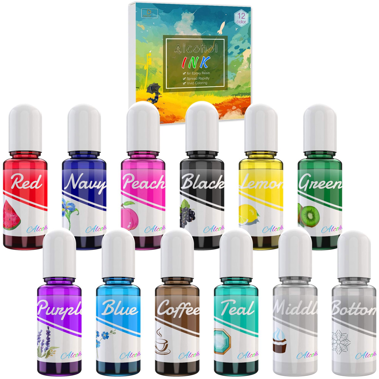Alcohol Ink Set – 12 Vibrant Colors Alcohol-Based for 10 milliliters