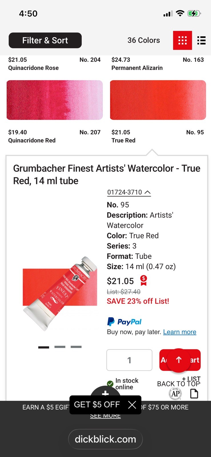 Grumbacher Finest Watercolor True Red 15ml Tube