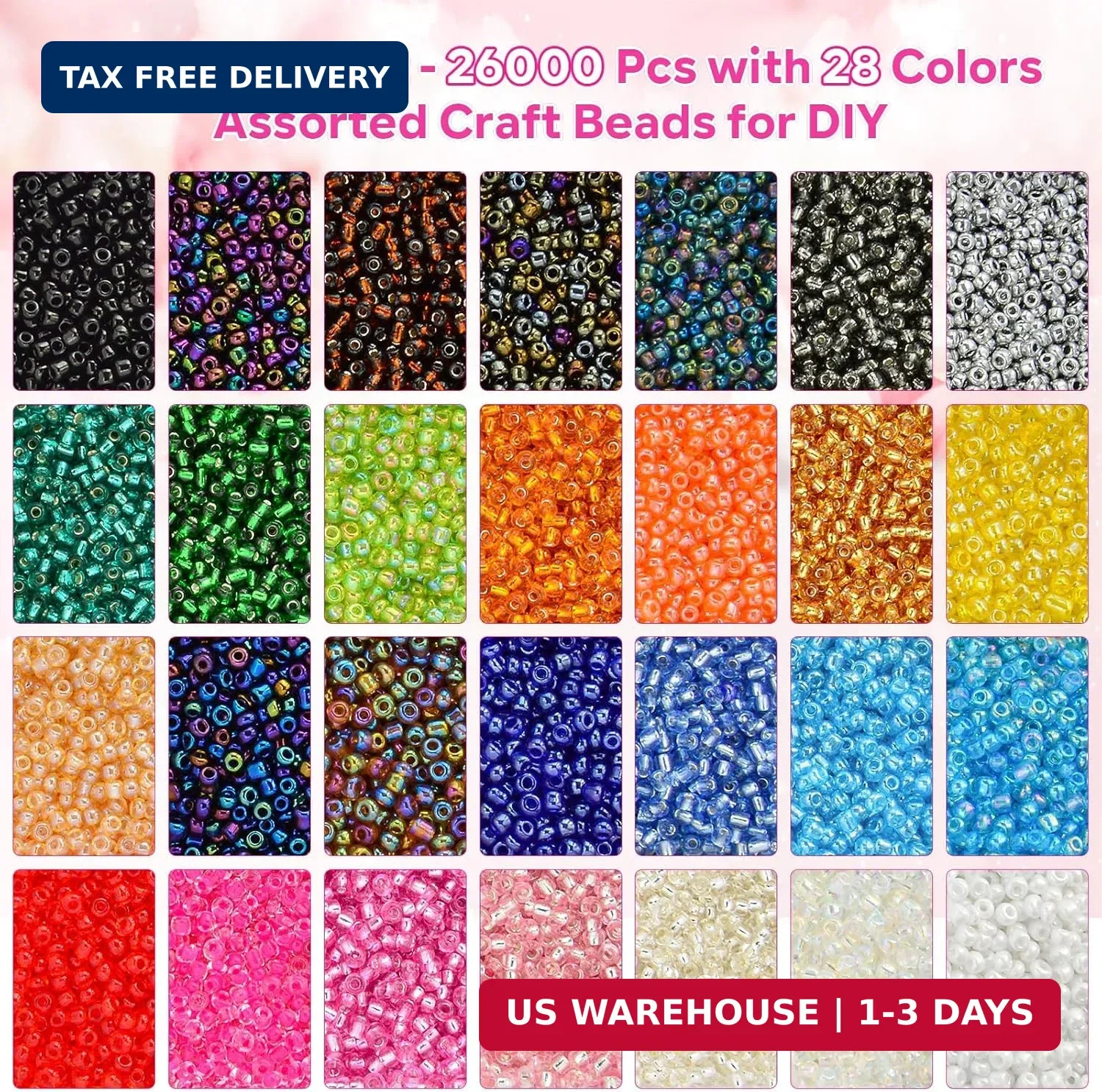 26000PCS 2mm Glass Seed Beads Kit – 28 Assorted Colors Small Beads Set for Jewel
