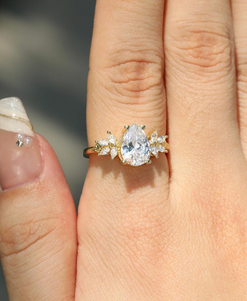 Pear Shaped Moissanite Engagement Ring – Floral Gold Plated Vintage Style