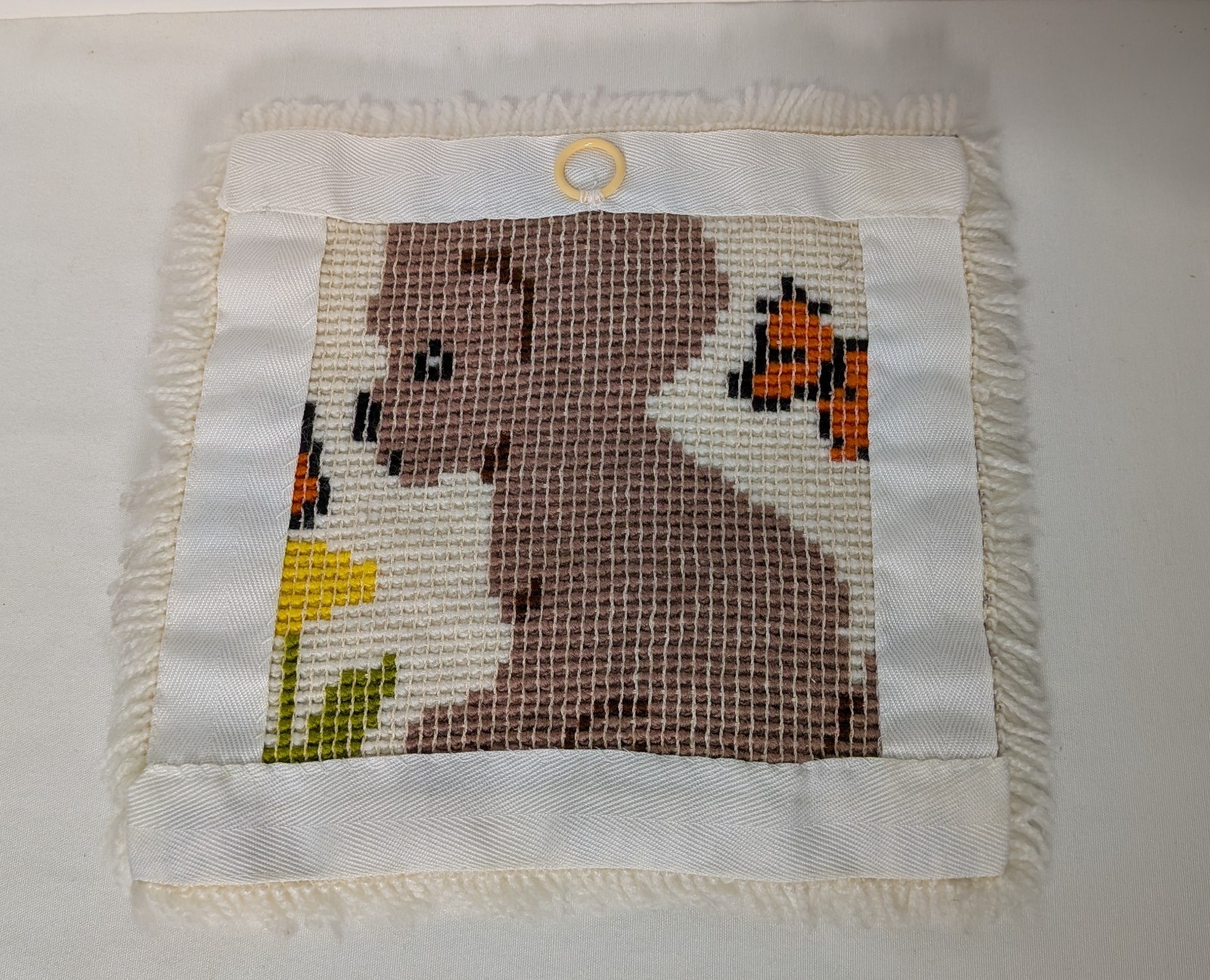 Two Vintage 1980s Latch Hook 12″ Squares – Puppy w/Butterflies & Rabbit w/Carrot