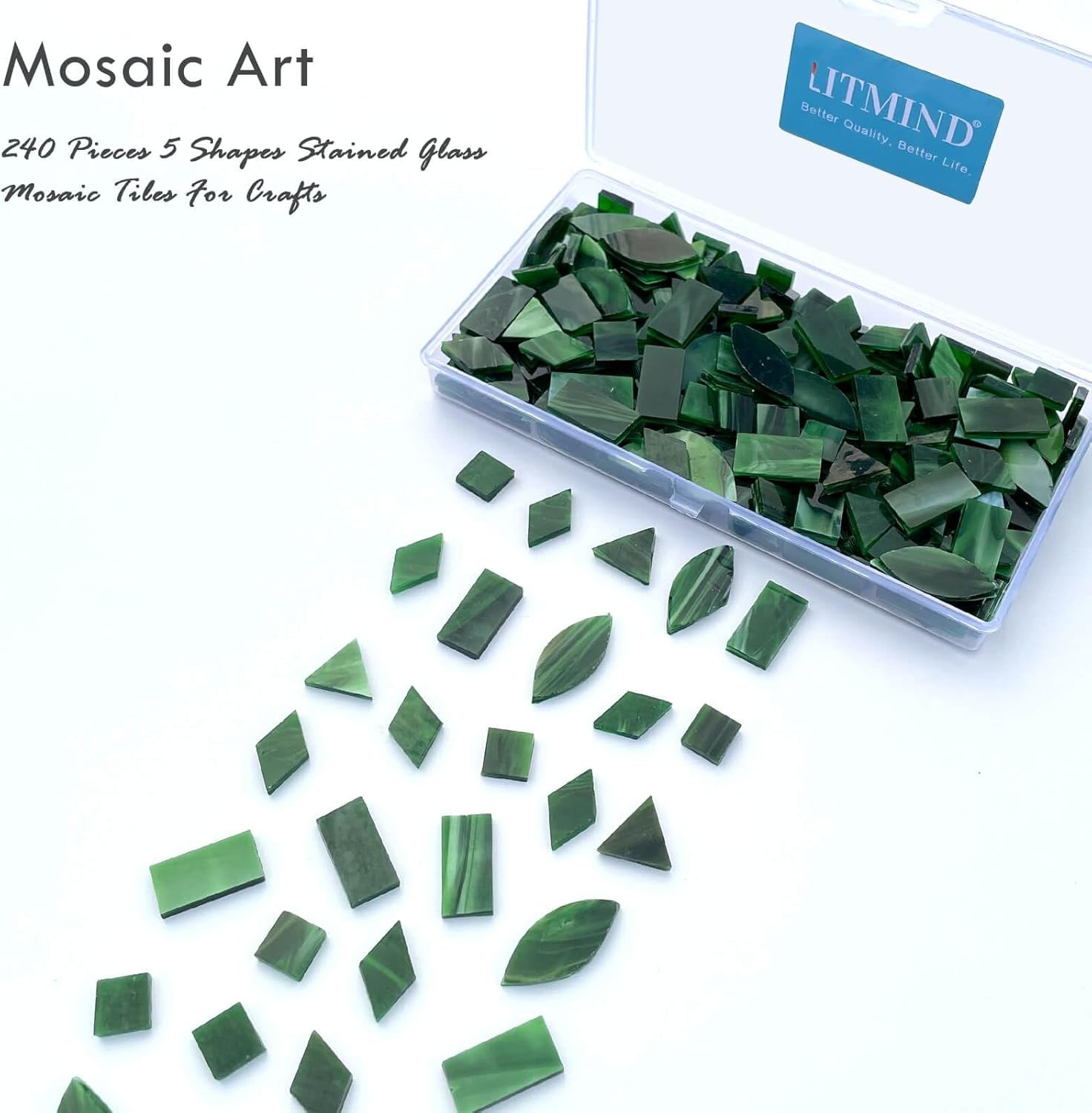 240 Piece Forest Green Stained Glass Mosaic Tiles – 5 Shapes for DIY Crafts