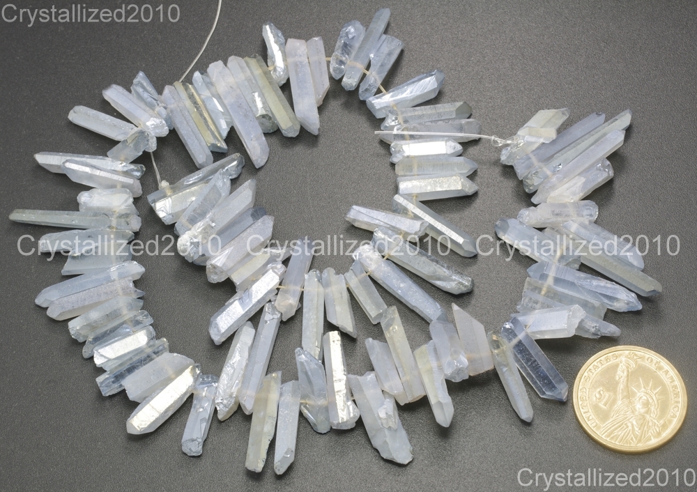 Metallic Titanium Coated Natural Quartz Crystal Stick Spike Pointed Beads 16”