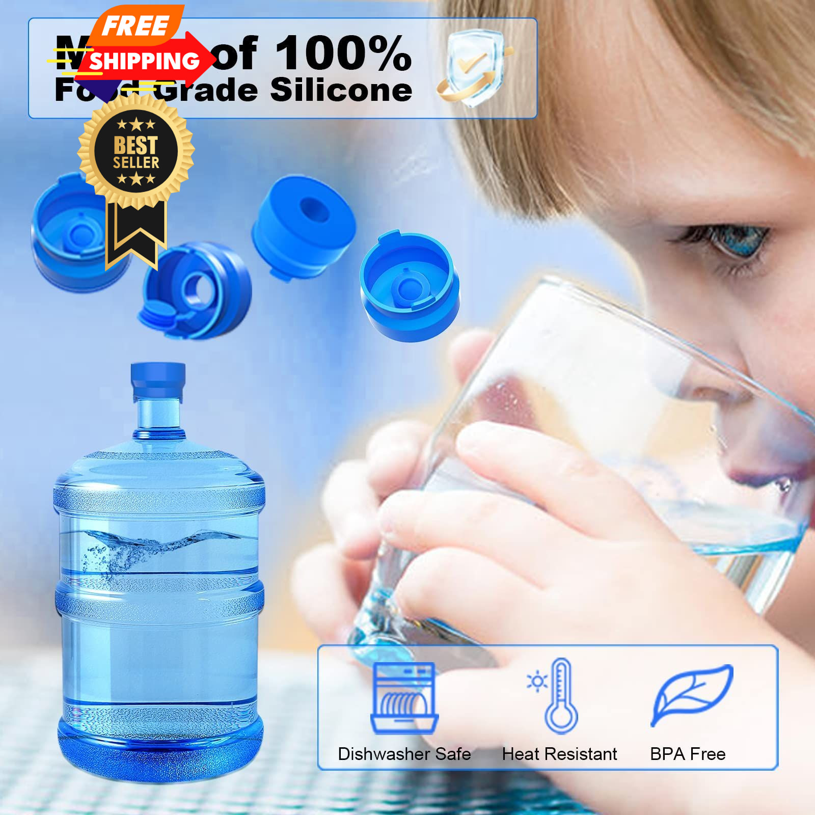 MYLOLF 3 & 5 Gallon Water Jug Cap, 3 Pack Reusable Food Grade Silicone Blue