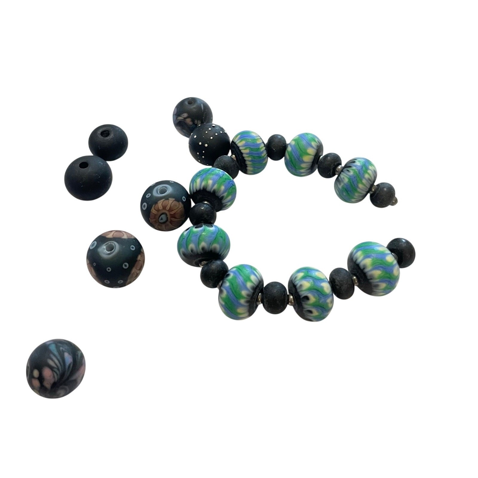 Handmade Lampwork Black Blue Multicolor Abstract Etched Matte Glass Bead Set