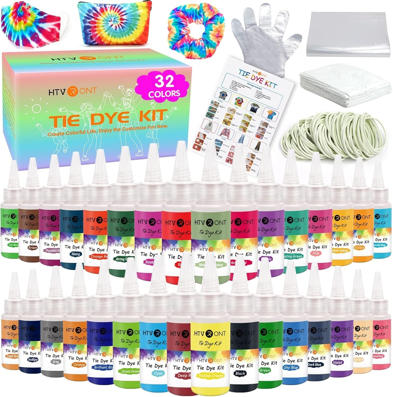 HTVRONT Tie Dye Kit – 32 Vibrant Colors Pre-Filled Bottles Tyedyedye Kit, Perman