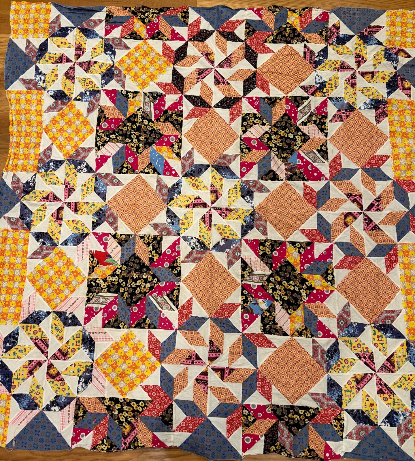 1960’s Unfinished quilt top 76 x76″ machine pieced
