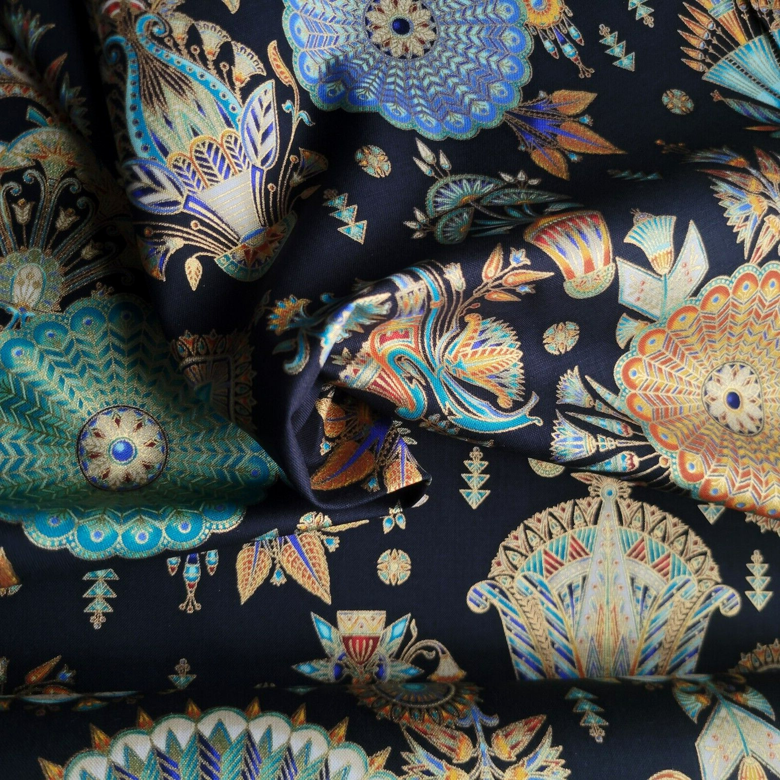 Ancient Egyptian Tossed Motifs on Black, R. Kaufman Ancient Beauty Collection