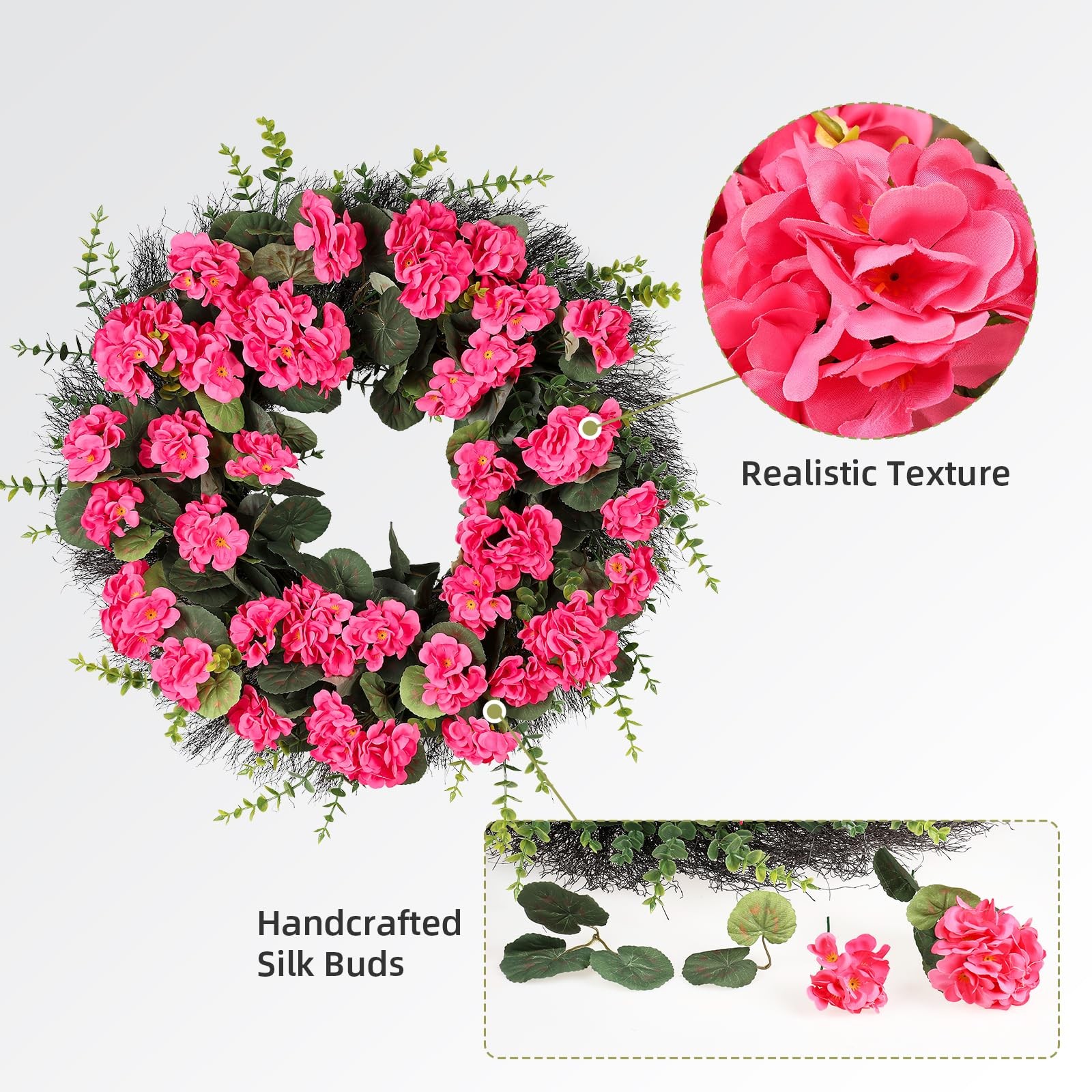 Kuimen Rose Red Artificial Geranium Wreath 22 Inch Spring Summer Wreaths For