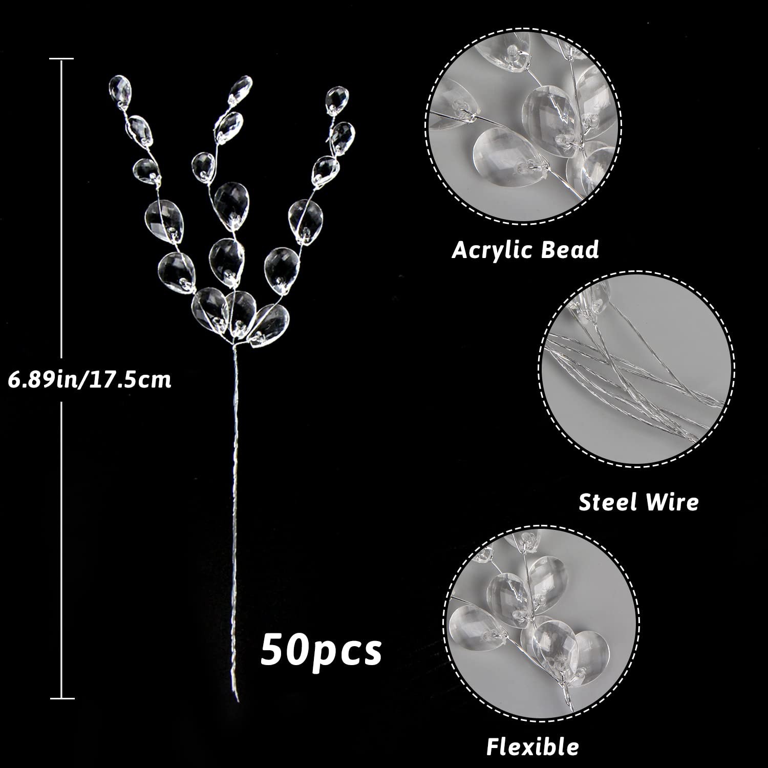 FOIMAS 50pcs Acrylic Bead Drop Stems Flower Bouquet Crystal Bud Branches Flow…