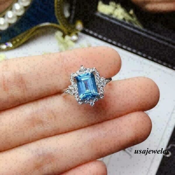 Emerald Cut 2CT Real Aquamarine Wedding Halo Jewelry Ring 14K White Gold Finish