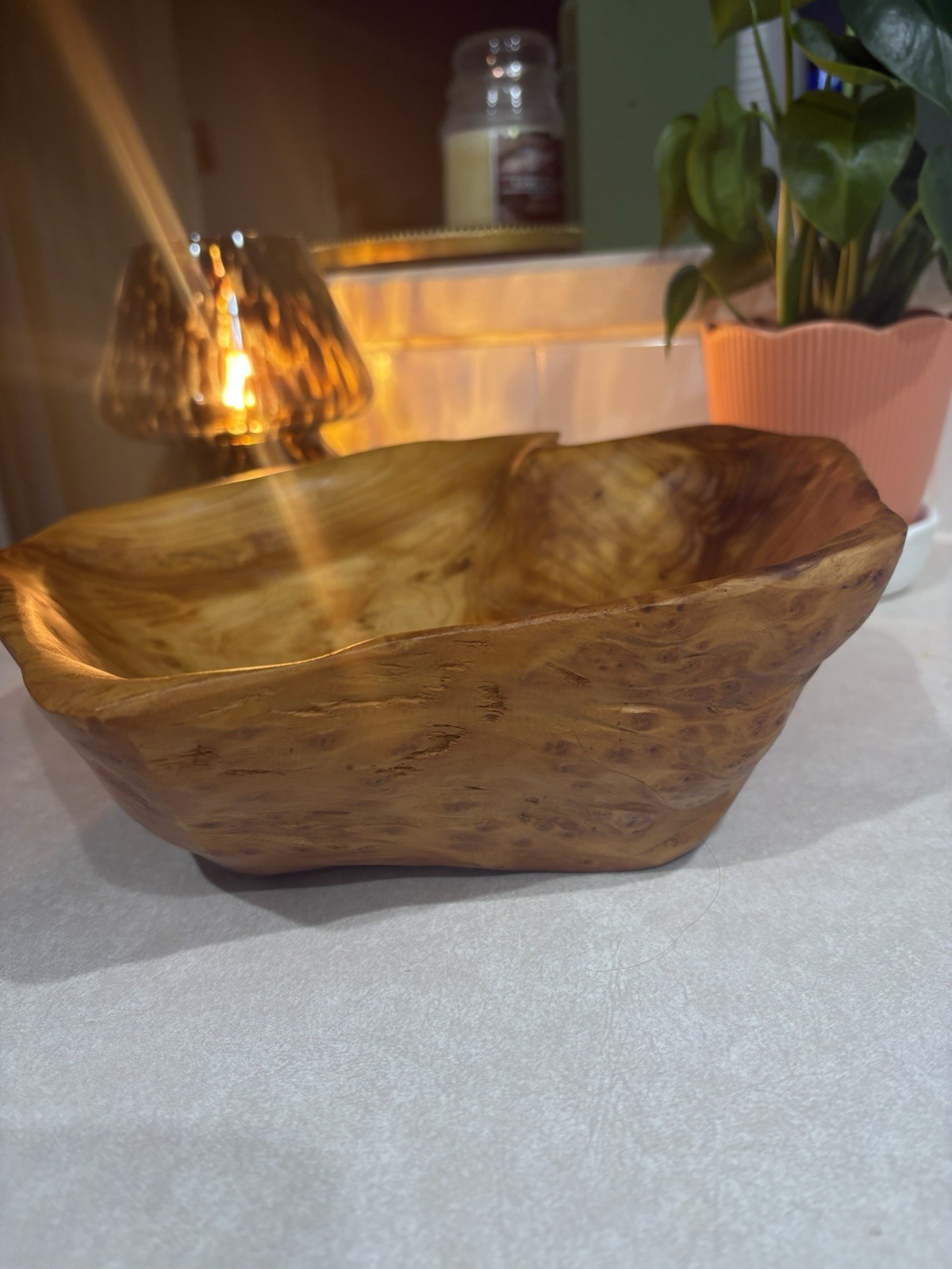 Vintage Hand Carved Live Edge Burl Wood Bowl 10” Organic Modern Centerpiece Art