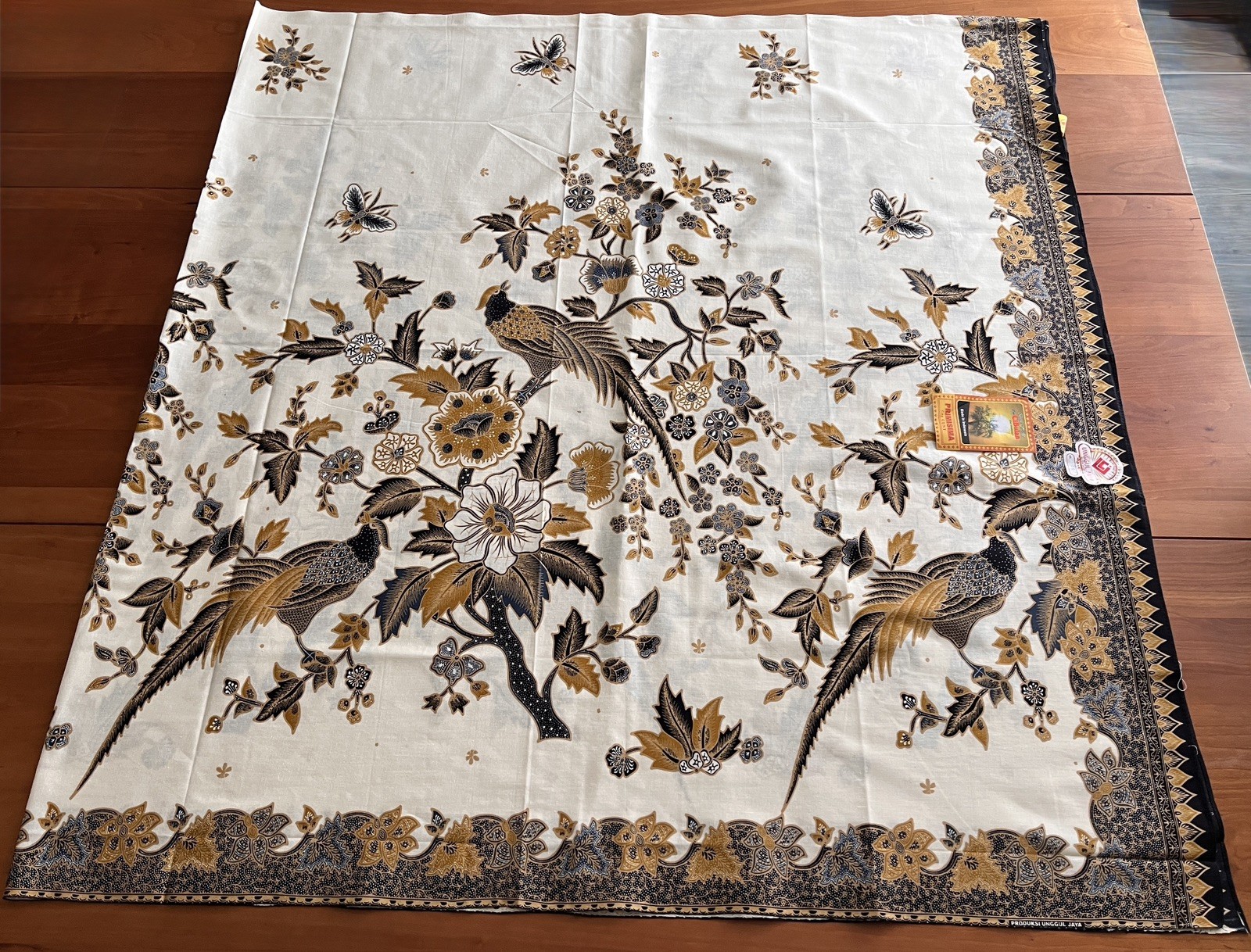 Indonesian Cotton Batik Fabric Cream Green Brown Birds And Floral Theme