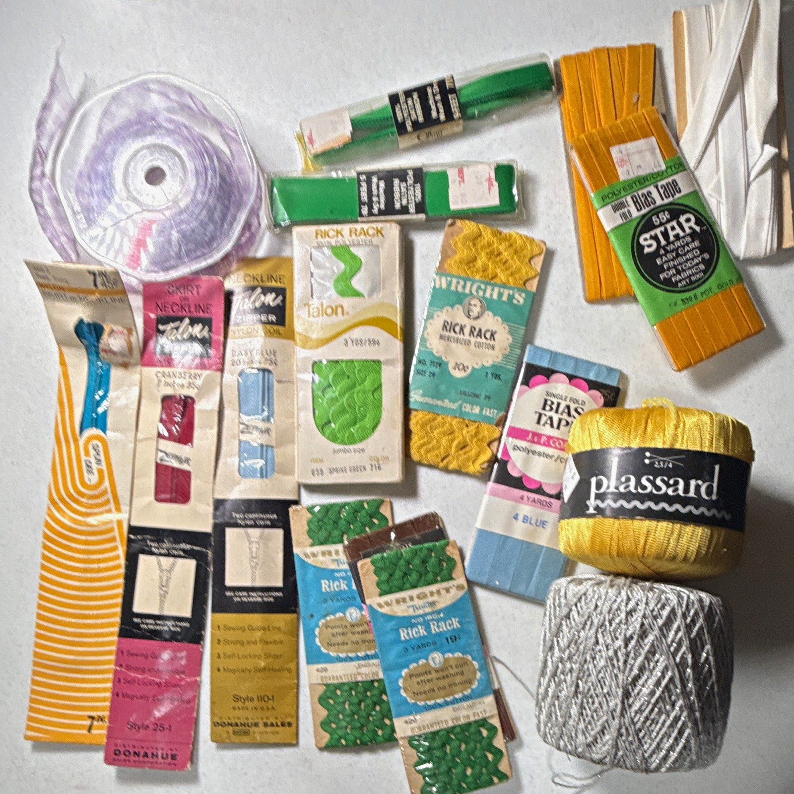 New-old stock vintage Mixed Brands Sewing Trim Lot Tape Zippers Ribbon