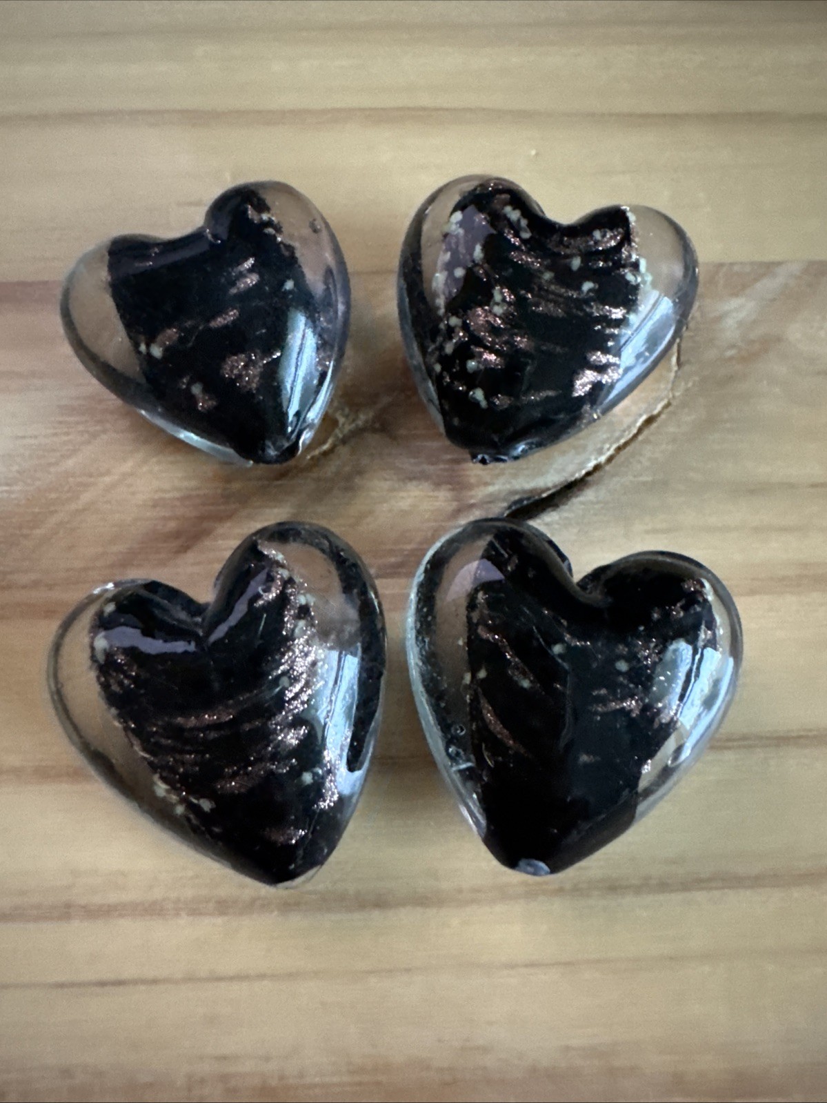 4 BLACK GOLD SAND HEART 3D Puffy 28mm LAMPWORK GLASS -jewelry beads