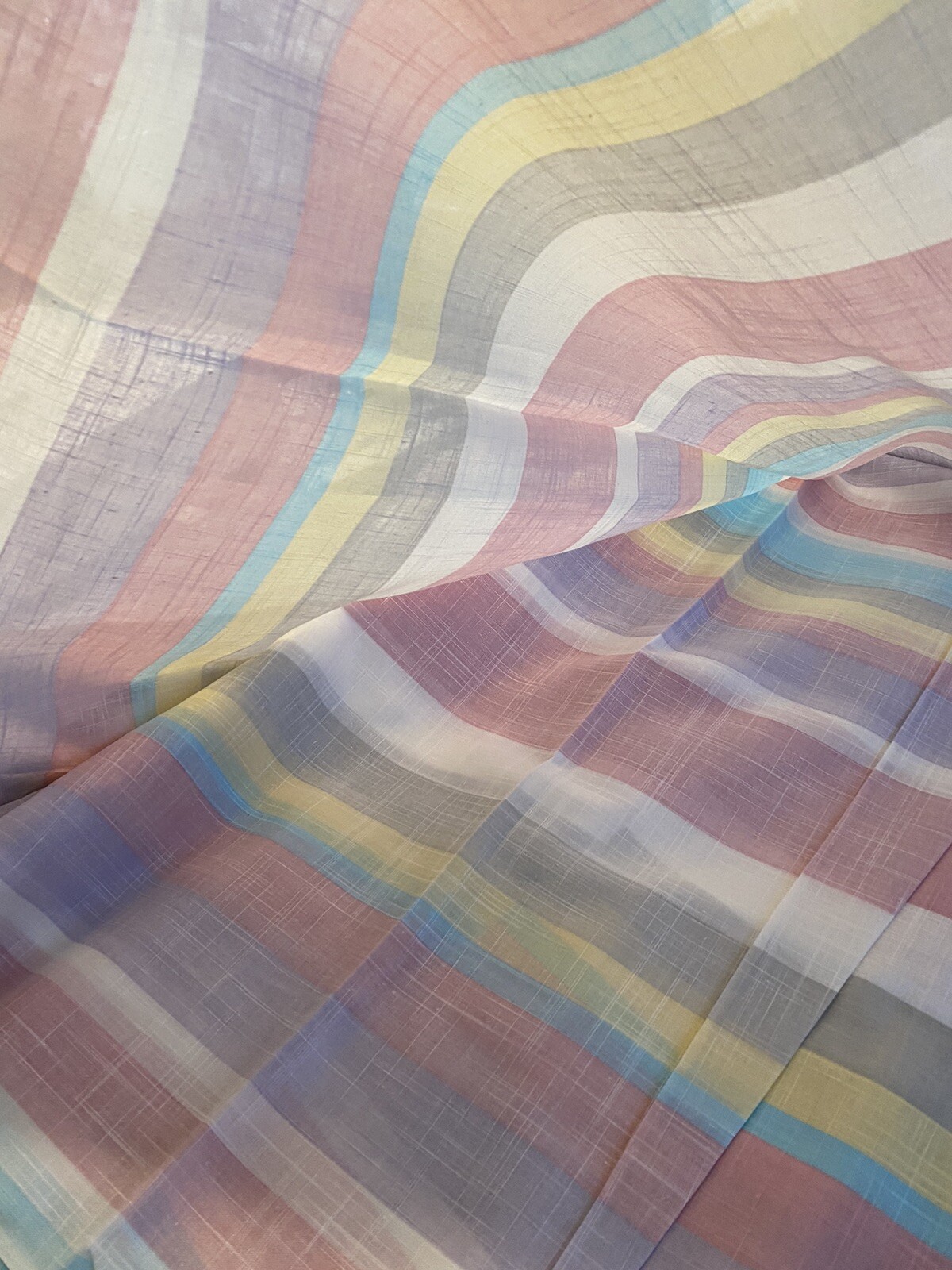VTG WIDE Pastel Stripe Purple Yellow Pink Cotton Fabric Linen Texture 58″W BTY