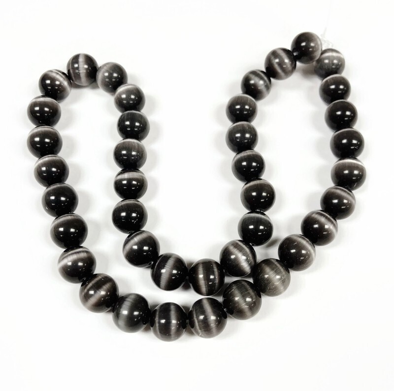 38 Cat’s Eye Fiber Optic Glass Charcoal 10mm. Smooth Round Beads 2611