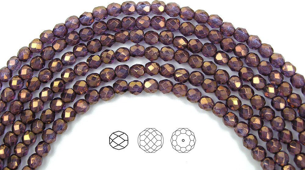 Czech Fire Polished Round Faceted Beads in Crystal Bronze Luster, 16” 3-4-6-8mm