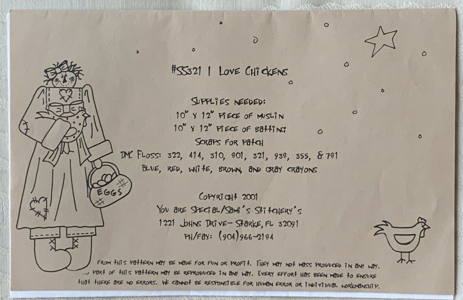 Retired Pattern #SS321 I Love Chickens 10″ & 12″ Stitchery by You are Special
