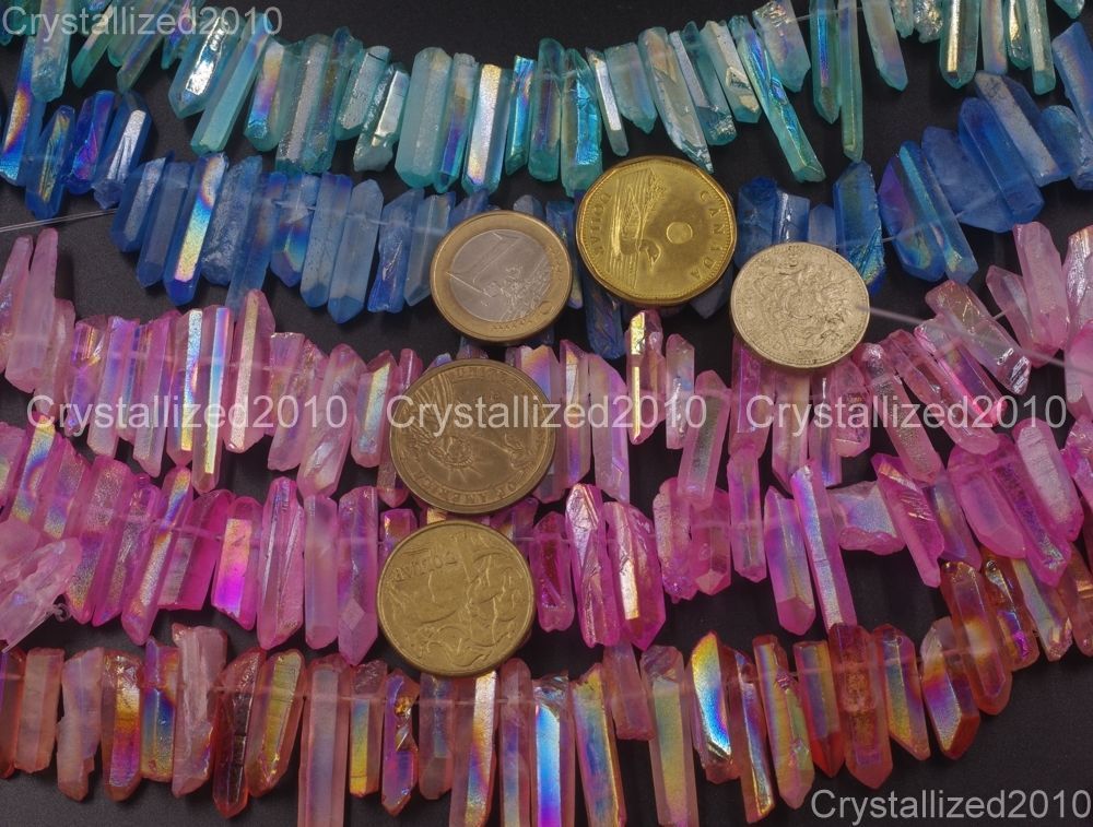 Metallic Titanium Coated Natural Quartz Crystal Stick Spike Pointed Beads 16”