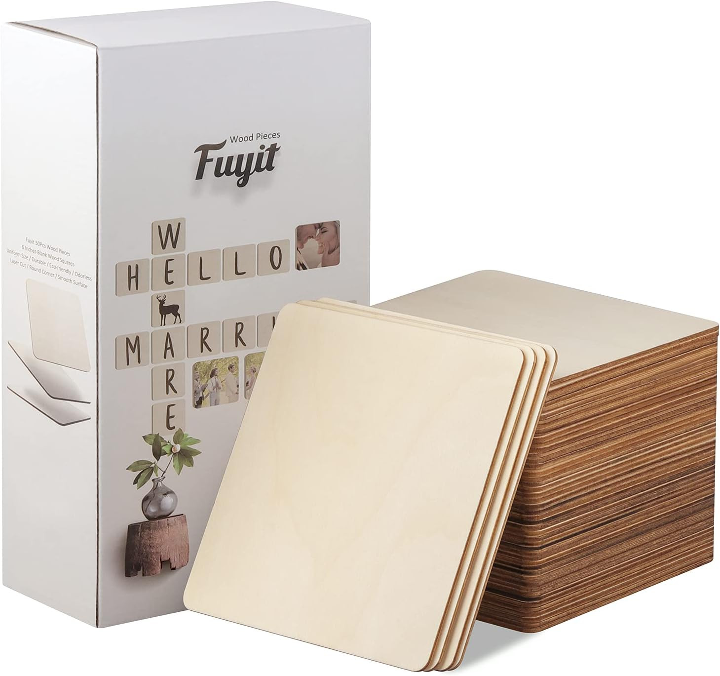 Unfinished Wood Pieces, Blank Wooden Squares for Crafts | 50Pcs 6X6 Inch Wood Bo