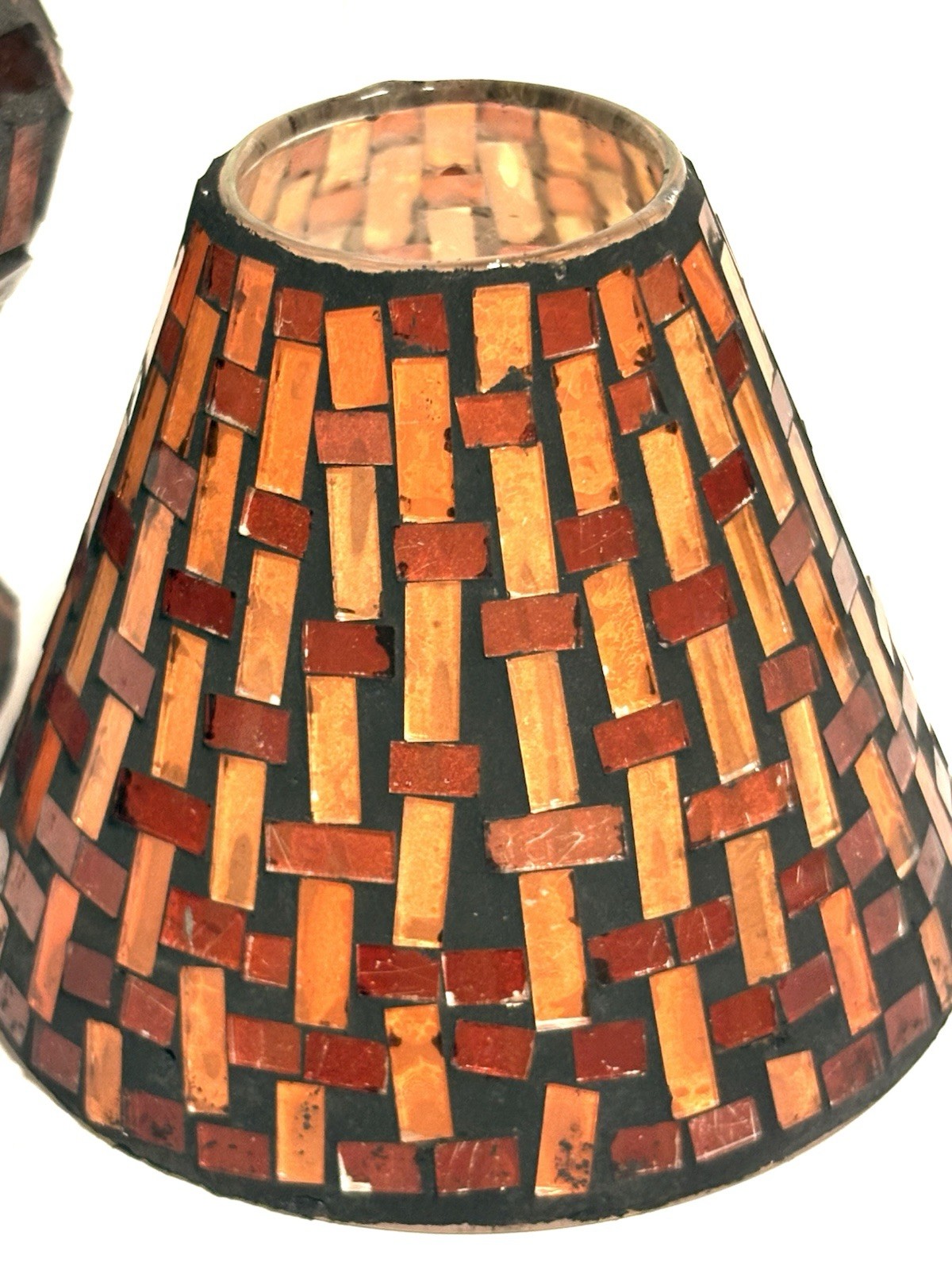 Handcrafted Stained Glass Mosaic Lamp Tea Light Candle Holder Amber Glass 8.5”