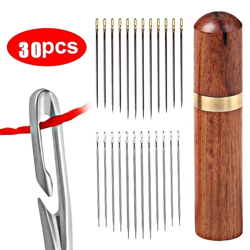 30PCS Stainless Steel Self-threading Needles Opening Sewing Darning Needles