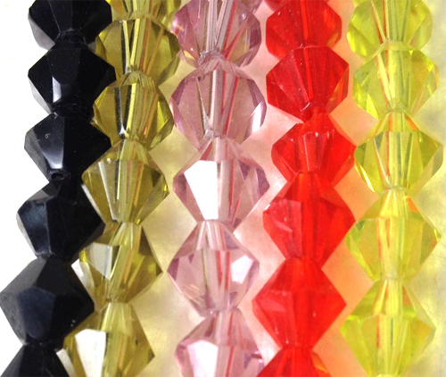 crystal bi-cone 4mm @16 inch strand of black,red,amethyst