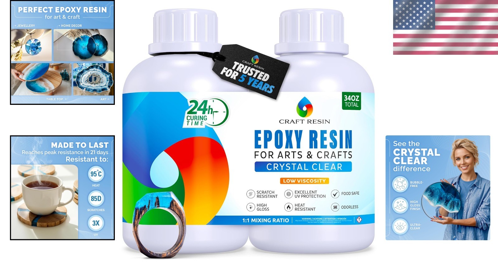 34 Oz Crystal Clear Epoxy Resin Kit – Food Safe & UV Resistant for Artistry
