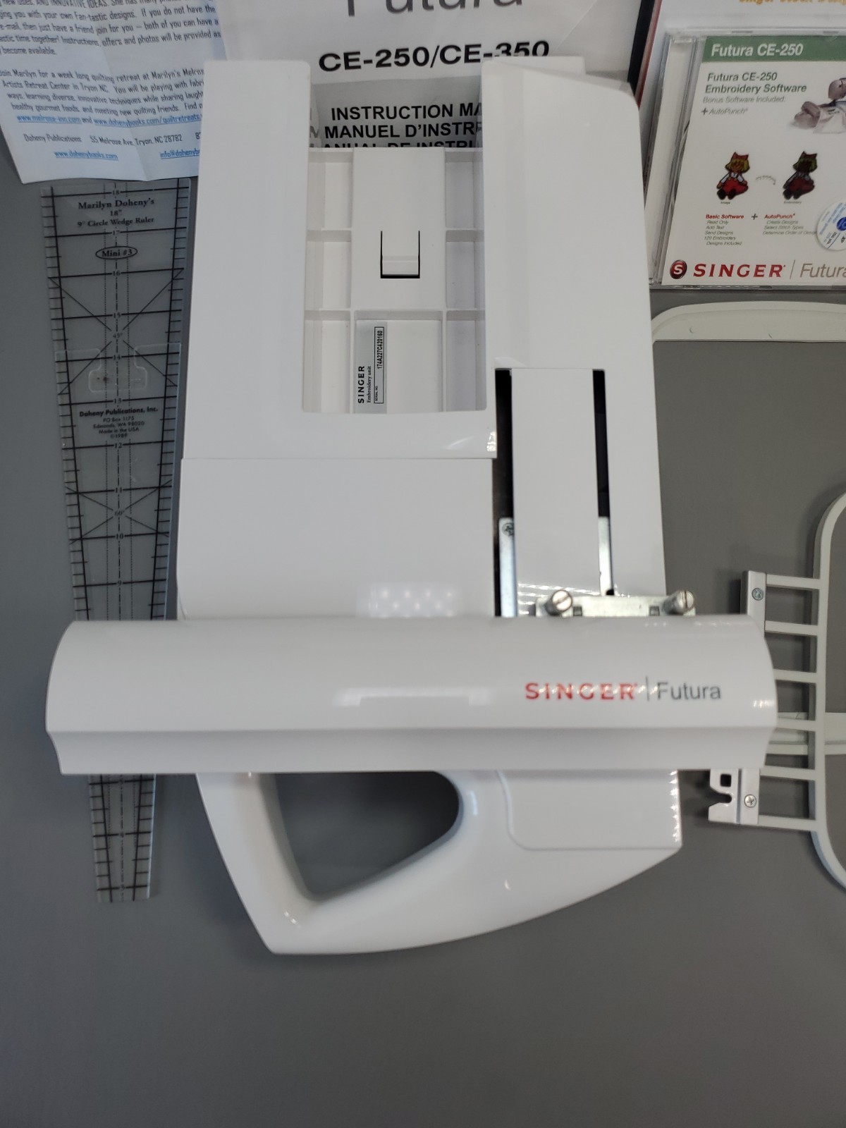 Singer Futura CE-250 Sewing Machine Embroidery Unit, Hoops, Manual, CDs + More