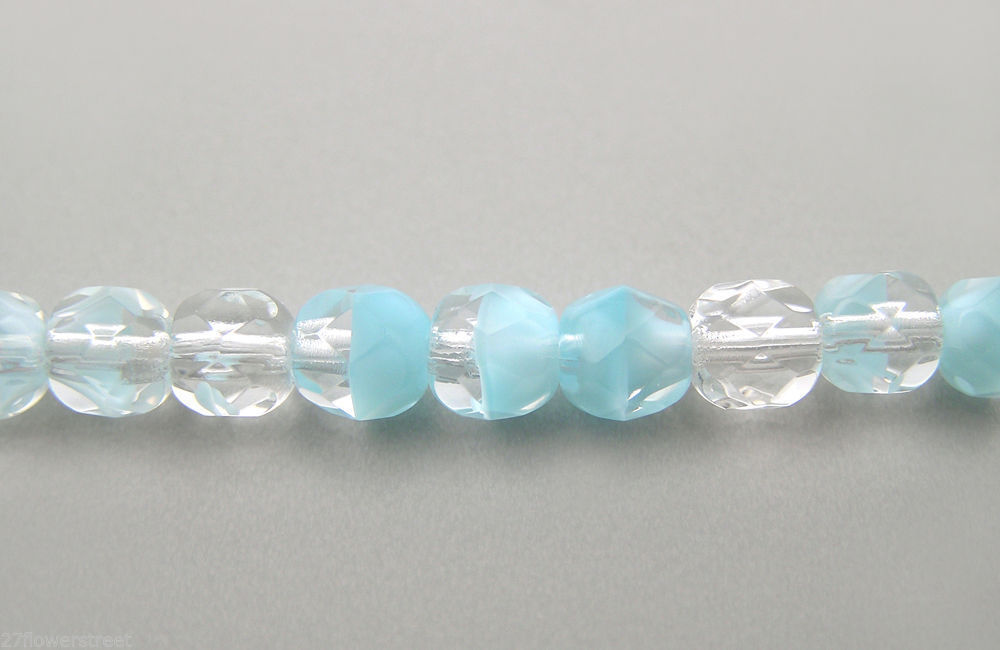 Czech Fire Polished Round Faceted Glass Beads in Crystal Light Blue Givre, 7in