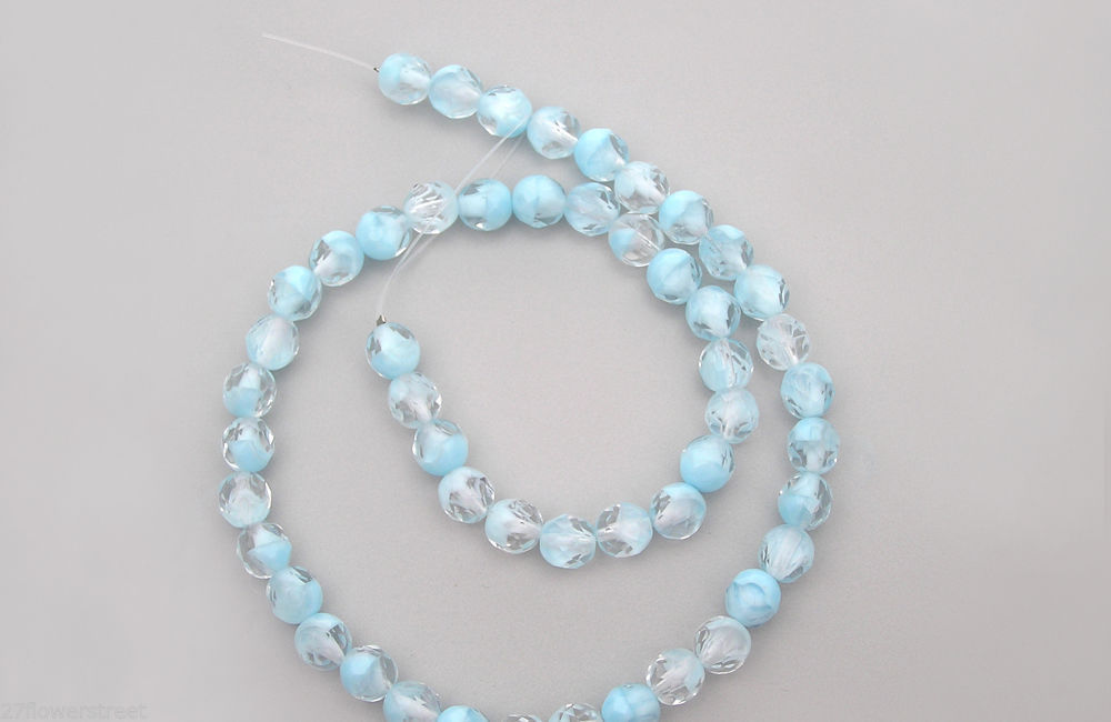 Czech Fire Polished Round Faceted Glass Beads in Crystal Light Blue Givre, 7in