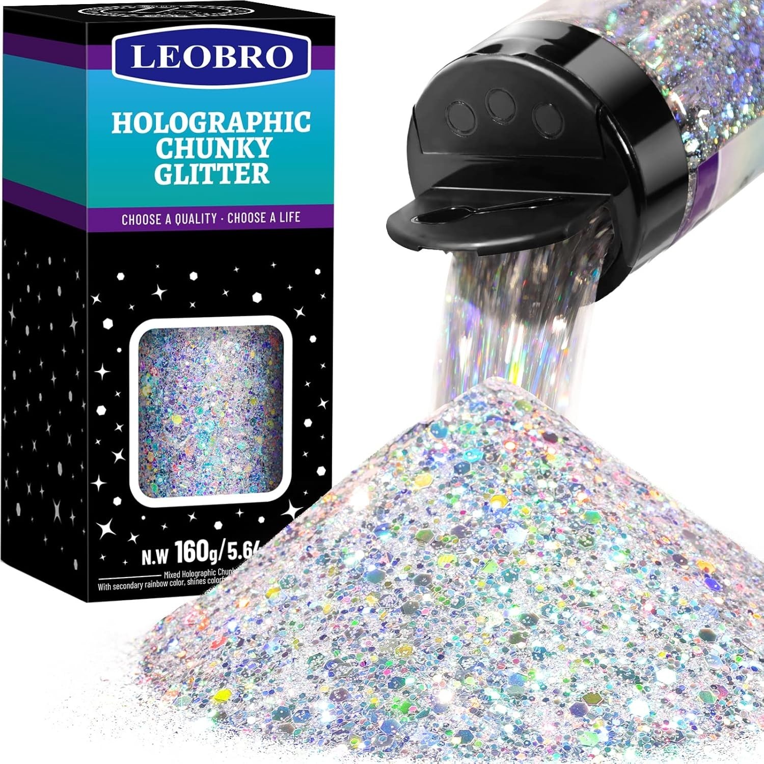 Silver Glitter, 160G/5.64OZ Holographic Chunky Glitter for Crafts, Resin, Bod…