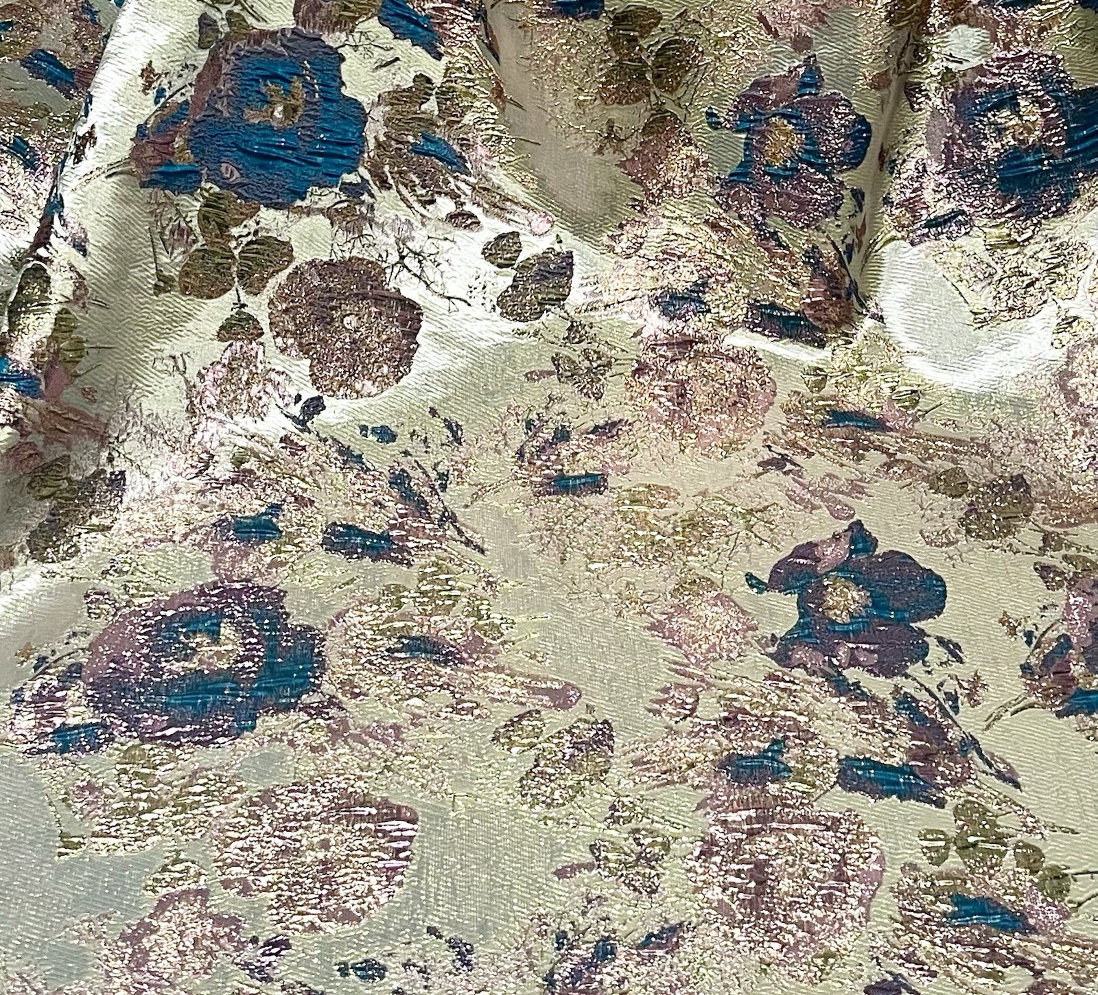 Teal Gold Pink Ivory Jacquard Metallic Brocade Fabric 58” Width By The Yard