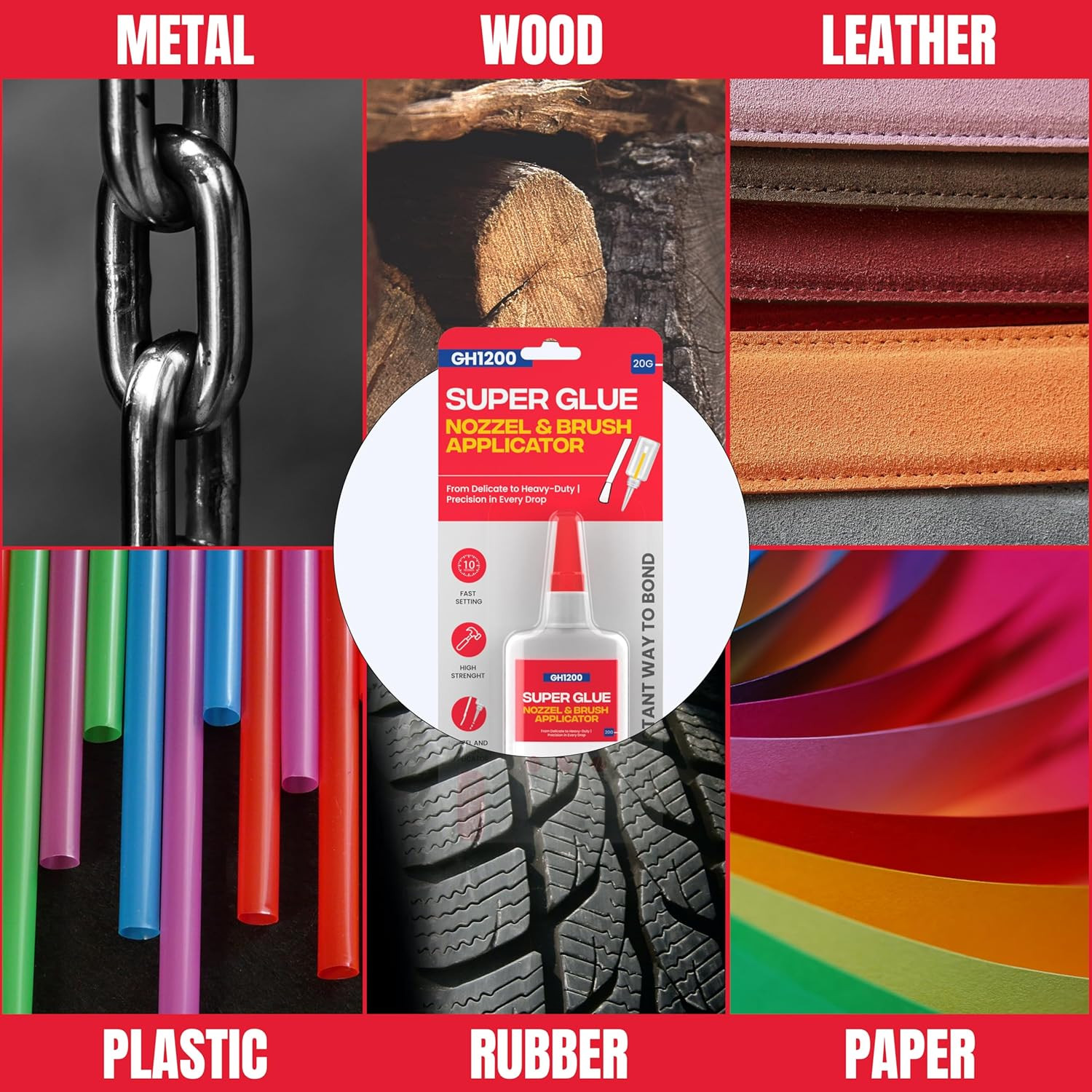 (2-In-1) Super Glue with Brush Applicator & Nozzle, Mess Free Superglue Brush