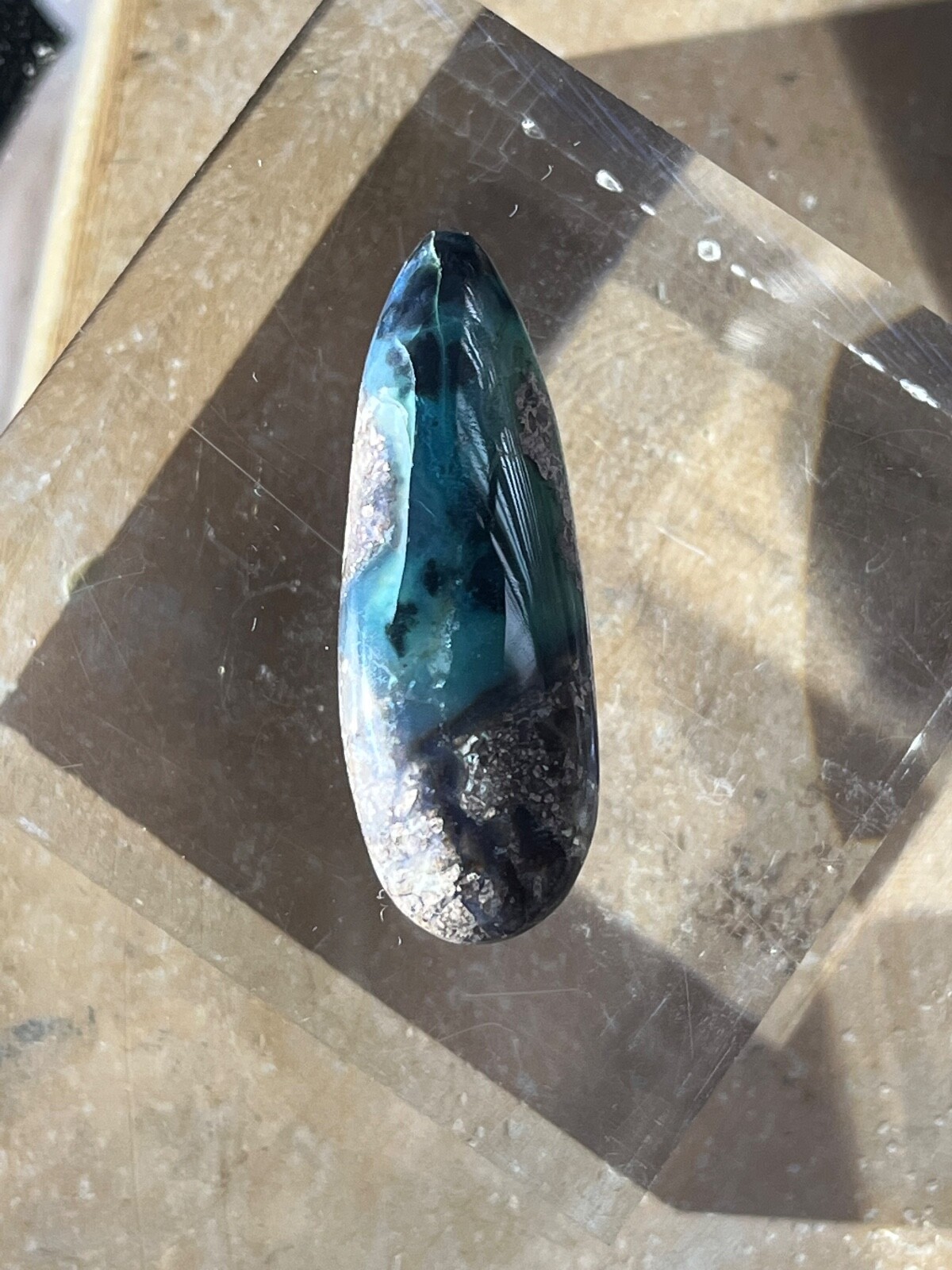 Needles Blue Agate 23.7 Cab in Rhyolite Porphyry Pear tear drop Blue Danube , AZ