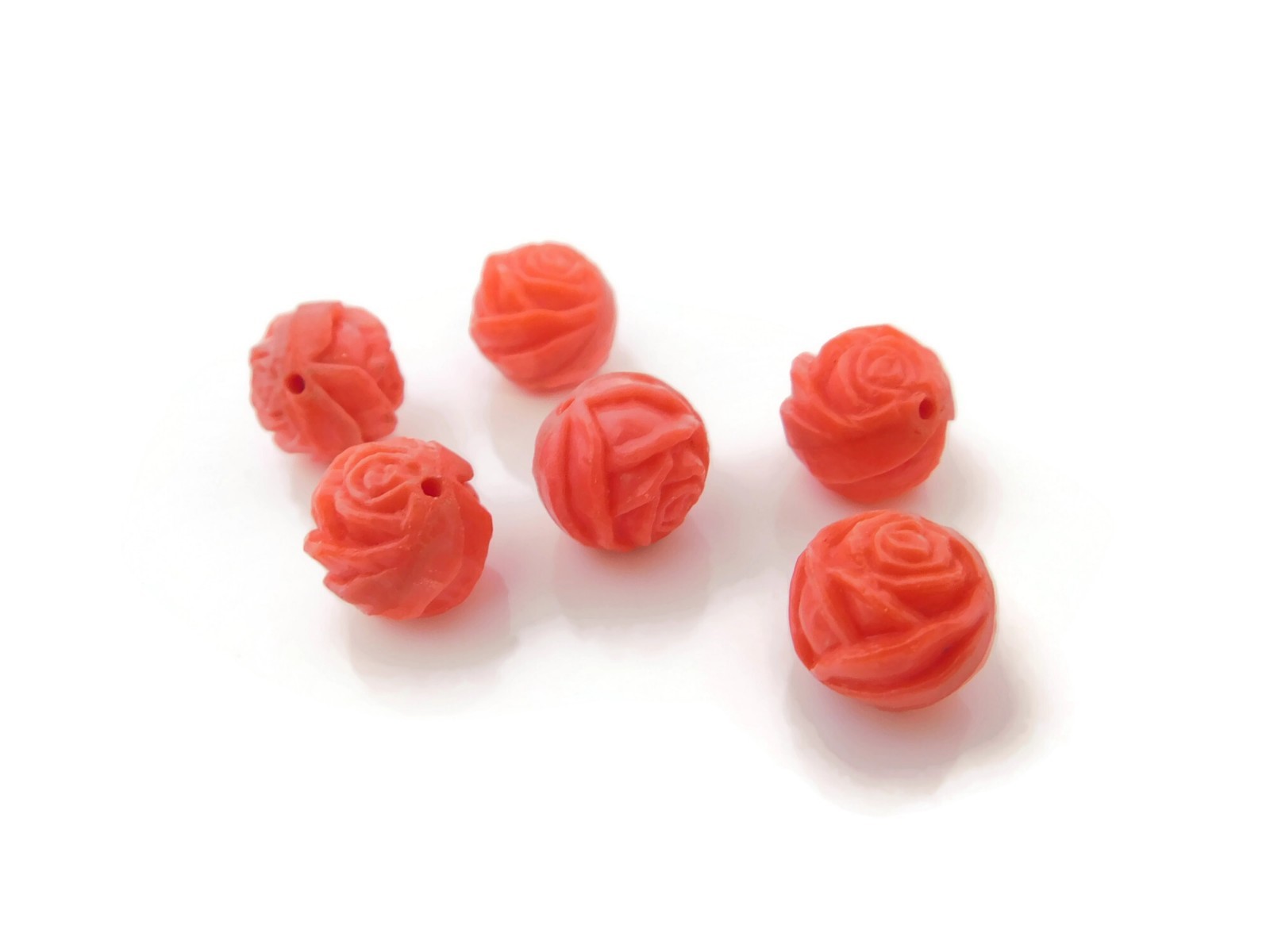 Vintage Czech Pressed Glass Hand Carved Flower Beads, Coral Color, 11mm