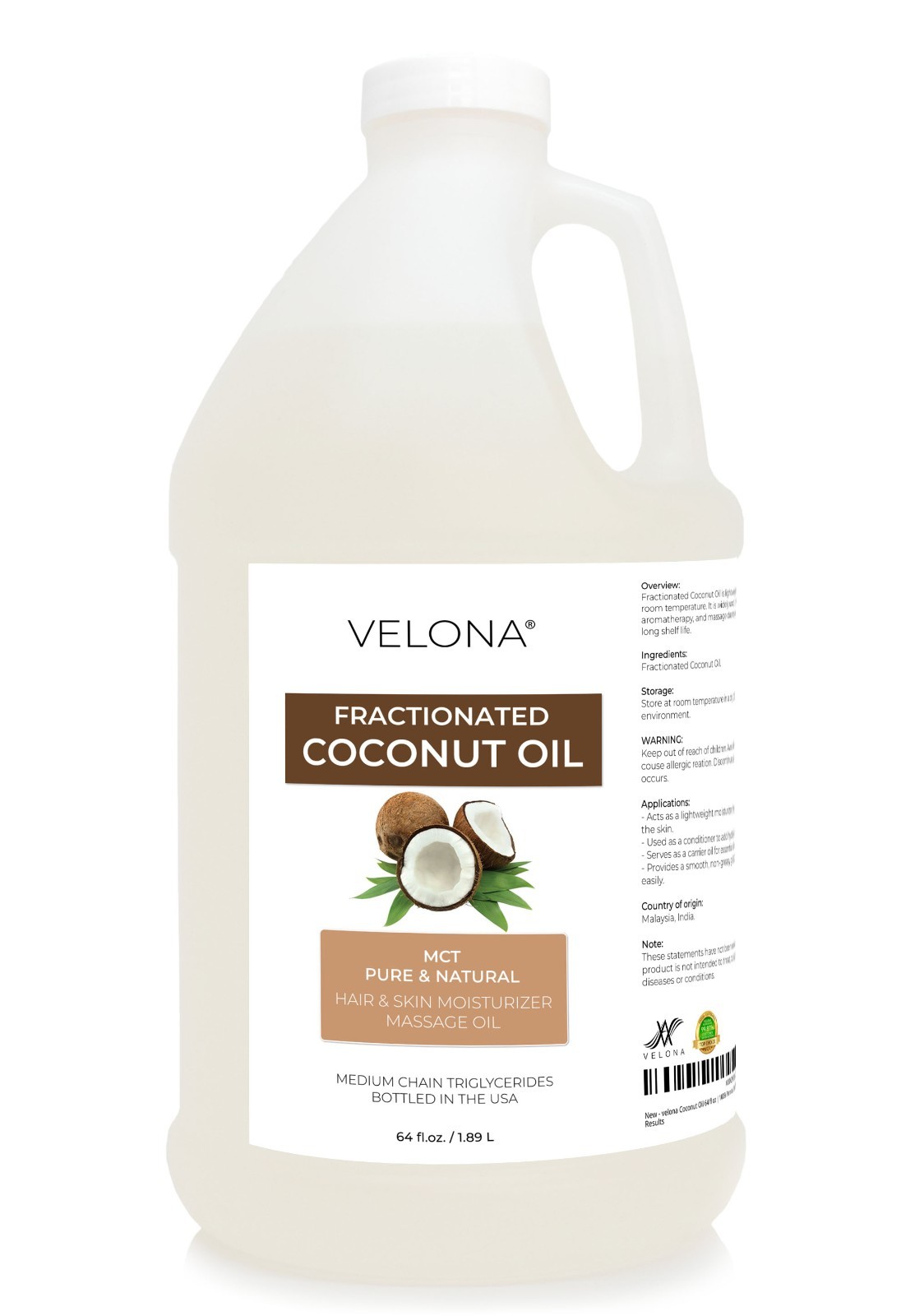 Coconut Oil by Velona – 2oz-7lb Fractionated Ultra Refined Skin Face Body Hair