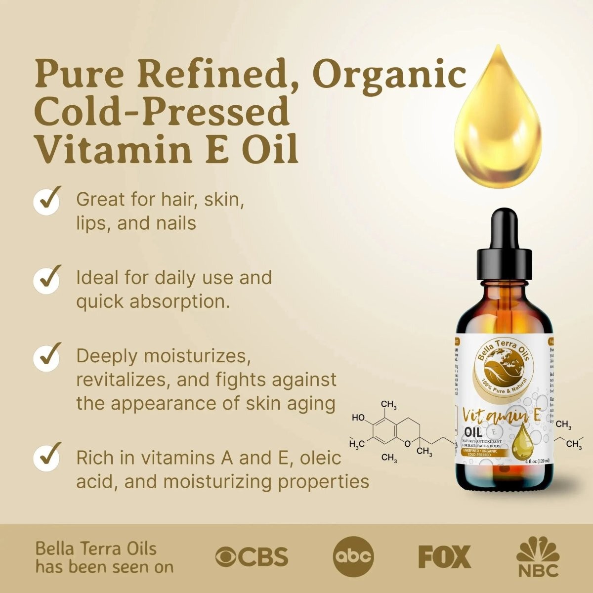 Natural Vitamin E Oil 100% Pure Skin Hair Face Anti-Aging Moisturizer