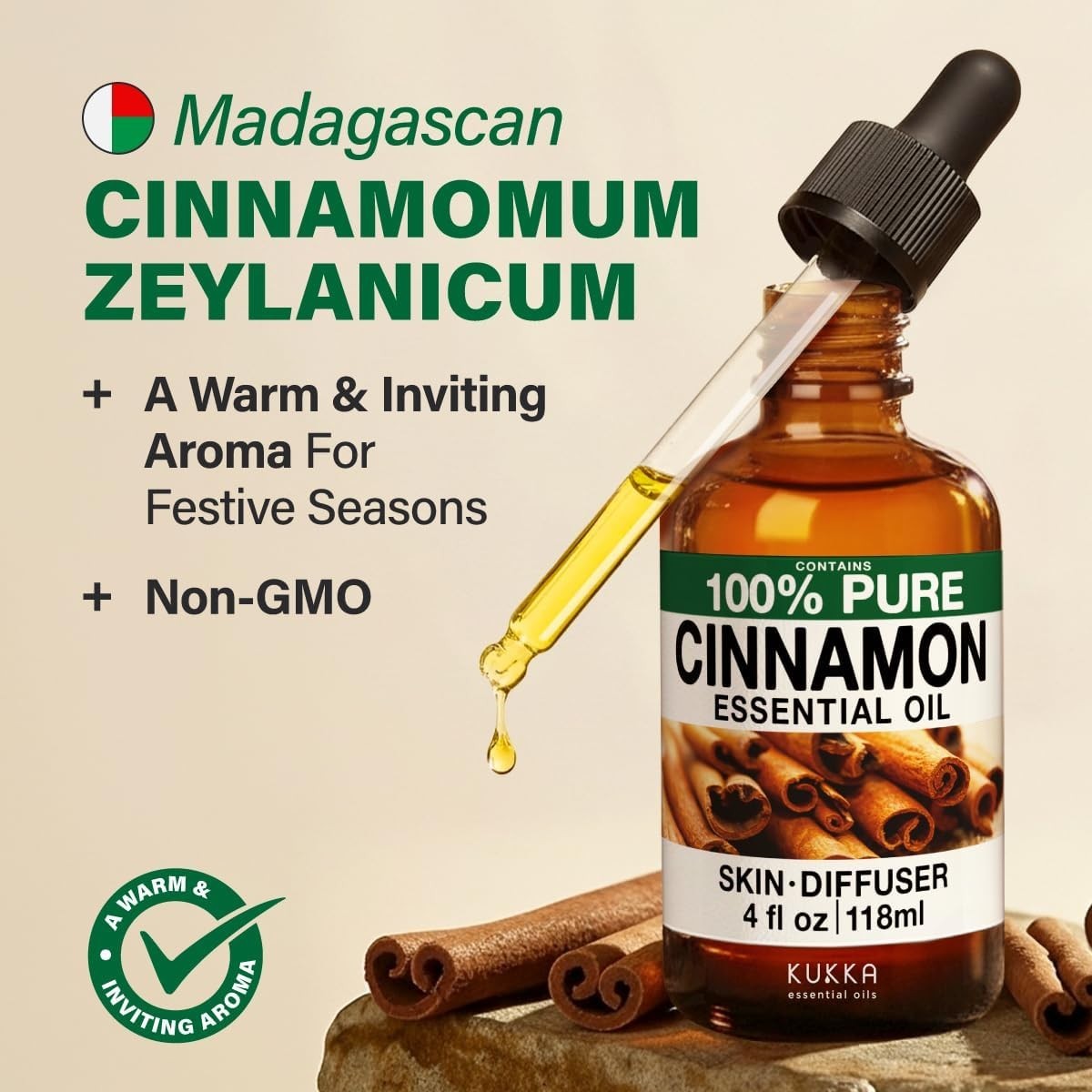 lot 2 KUKKA Cinnamon bark Essential Oils 4 Fl Oz for Hair, Skin, Diffuser