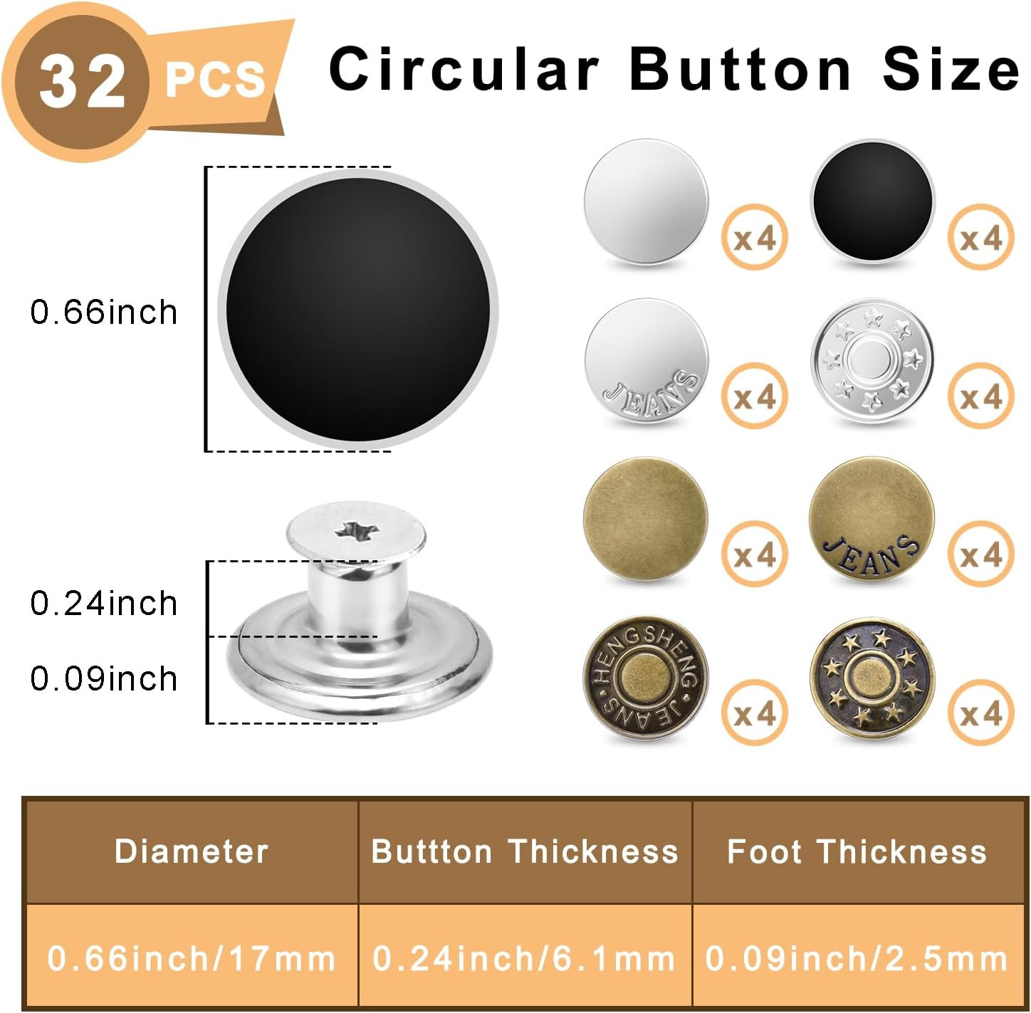 32 Sets 17mm Pants Button Replacement, No-Sew Metal Jean Buttons with Screwdrive