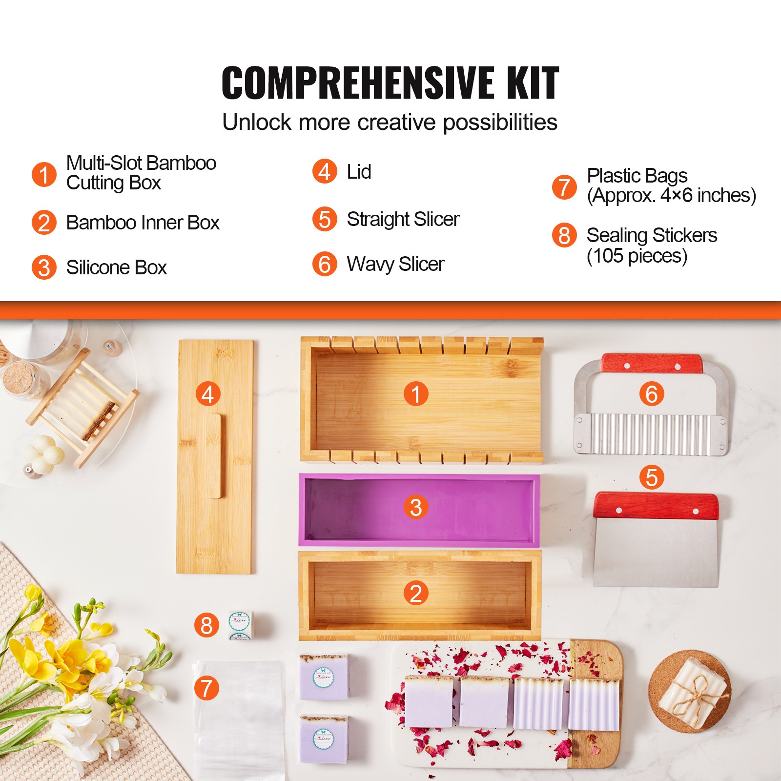 VEVOR Soap Making Kit Bamboo Cutting Box Silicone Mold Stainless Steel Cutters
