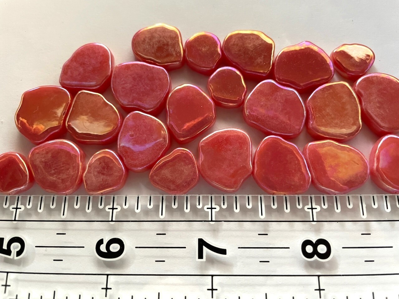 25 Tiles Iridescent Watermelon Red Petal Flower Shapes Glass Mosaic Tile Pieces