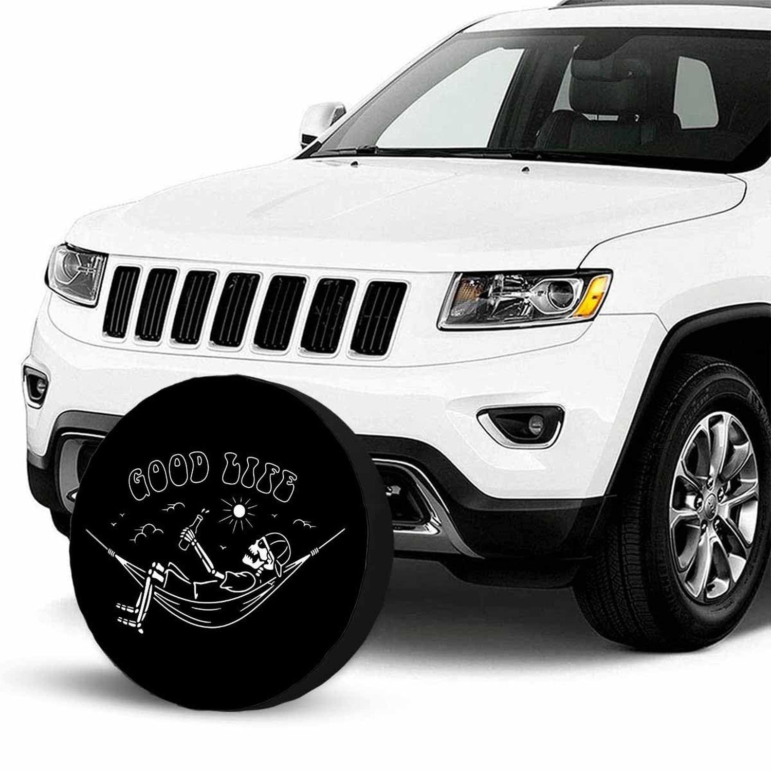 Skeleton in Hammock Spare Tire Cover Beautiful Life White Black Background Wh…