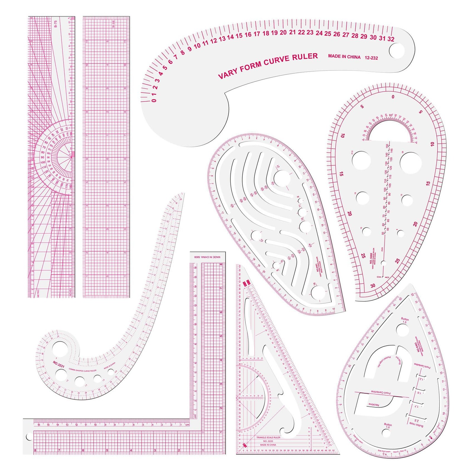 9-Piece Metric Sewing Ruler Set – French Curves, Dressmaking & Quilting