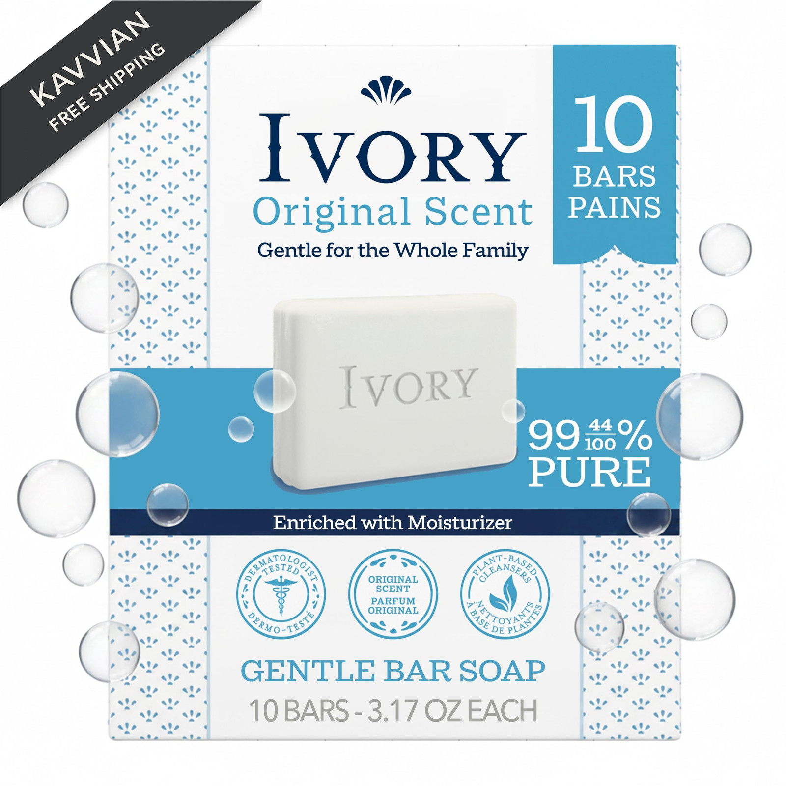 Ivory Gentle Bar Soap, Designed for Whole 3.17 Ounce (Pack of 10), White