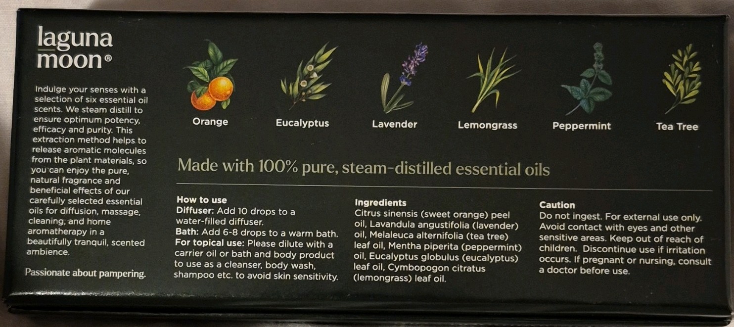 Laguna Moon Essential Oil Gift Set 6 Pack Orange Eucalyptus Lavender 0.33oz
